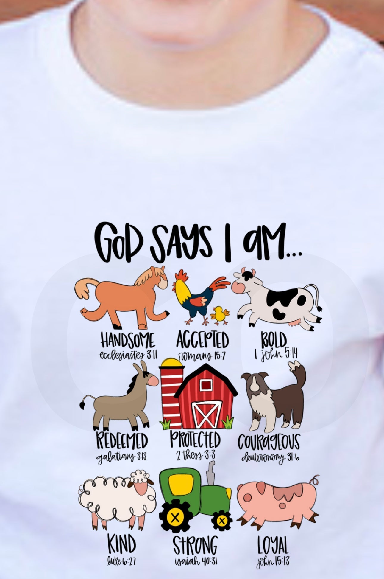 God say I am ...cross on front -Handsome/Farm on back